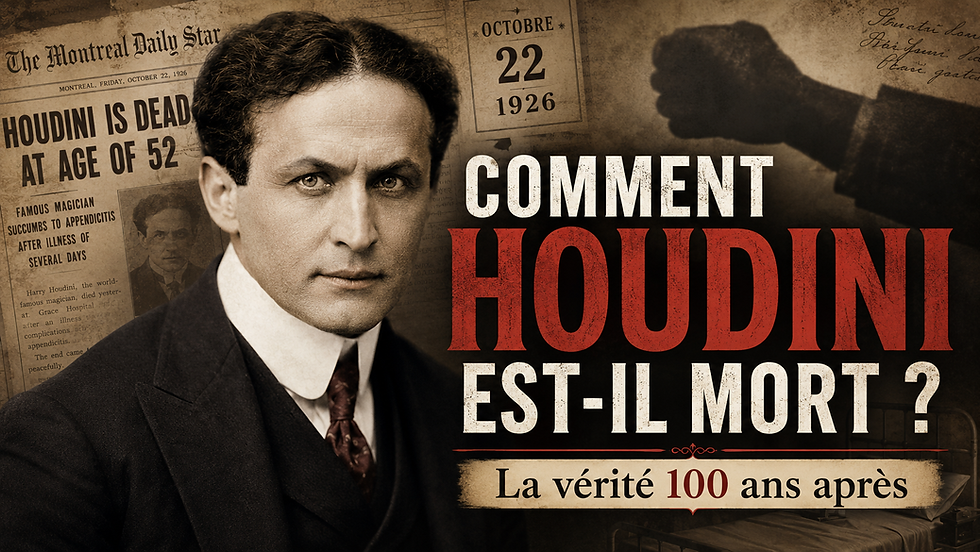 Harry Houdini avec journaux de 1926 et la question « Comment Houdini est-il mort ? »
