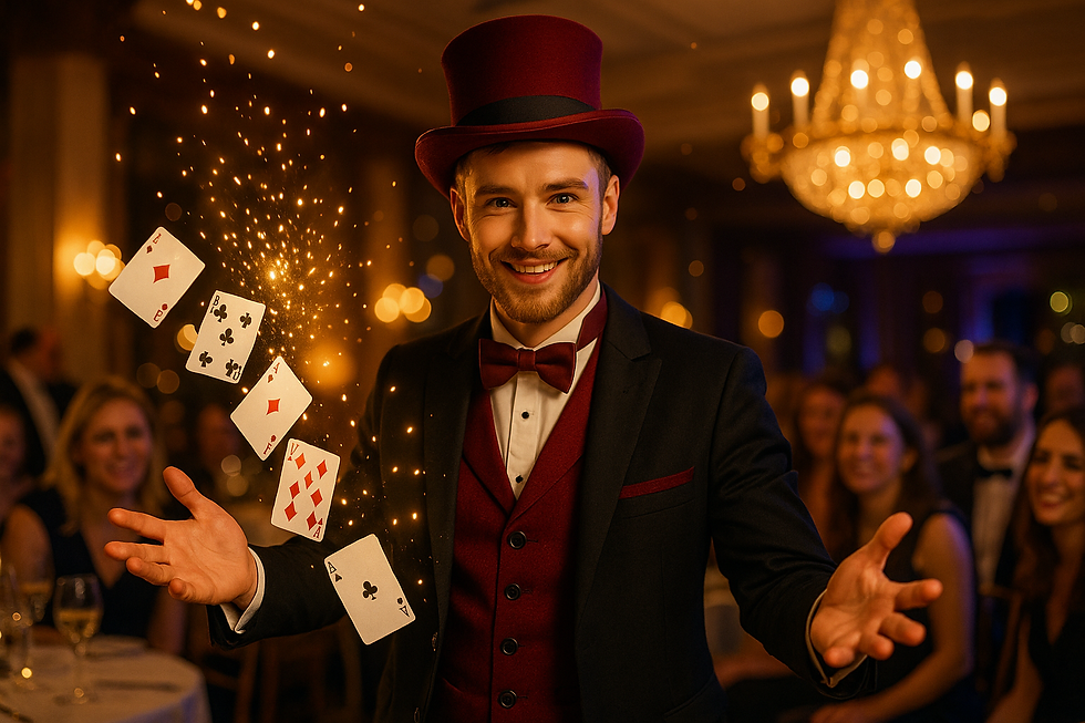 Magicien à Lyon réalisant un tour de cartes lumineux devant des invités émerveillés lors d’une soirée privée.