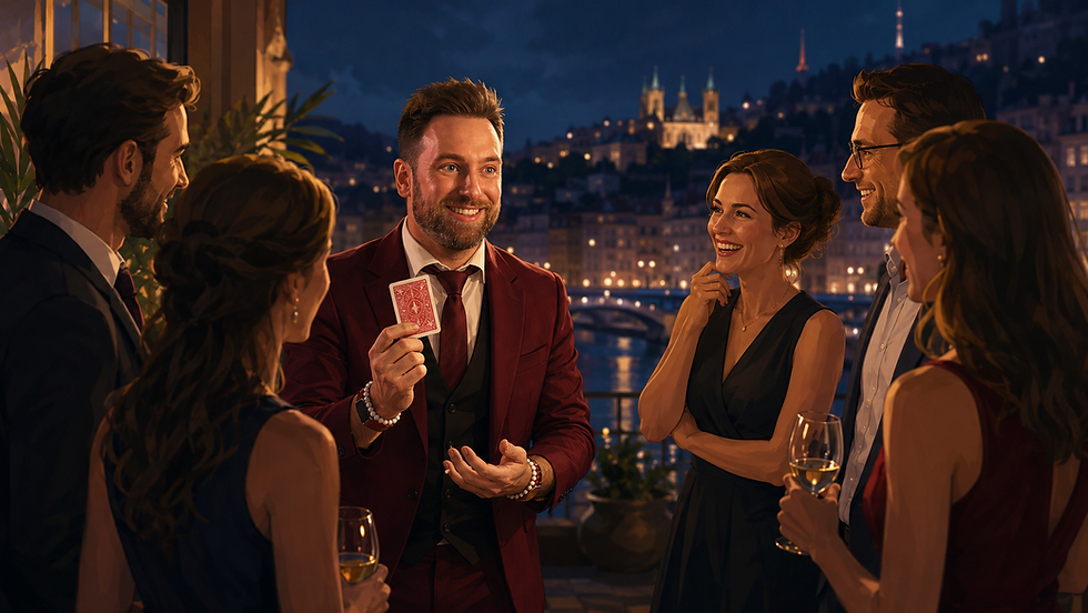 Magicien à Lyon en close-up pendant un cocktail, pour illustrer le prix d’une prestation de magie