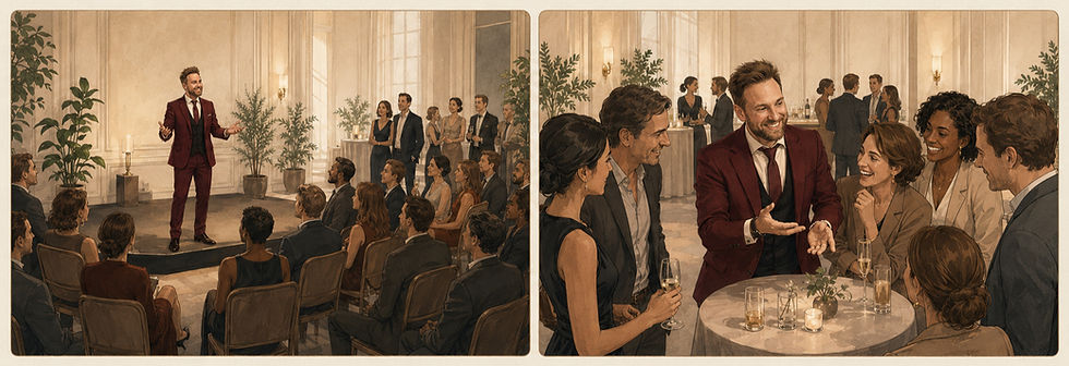 Comparaison entre un spectacle court devant tous les invités et une prestation de close-up en petit groupe