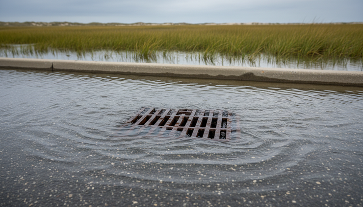 Eye-level view of a storm drain surrounded by tidal floodwater