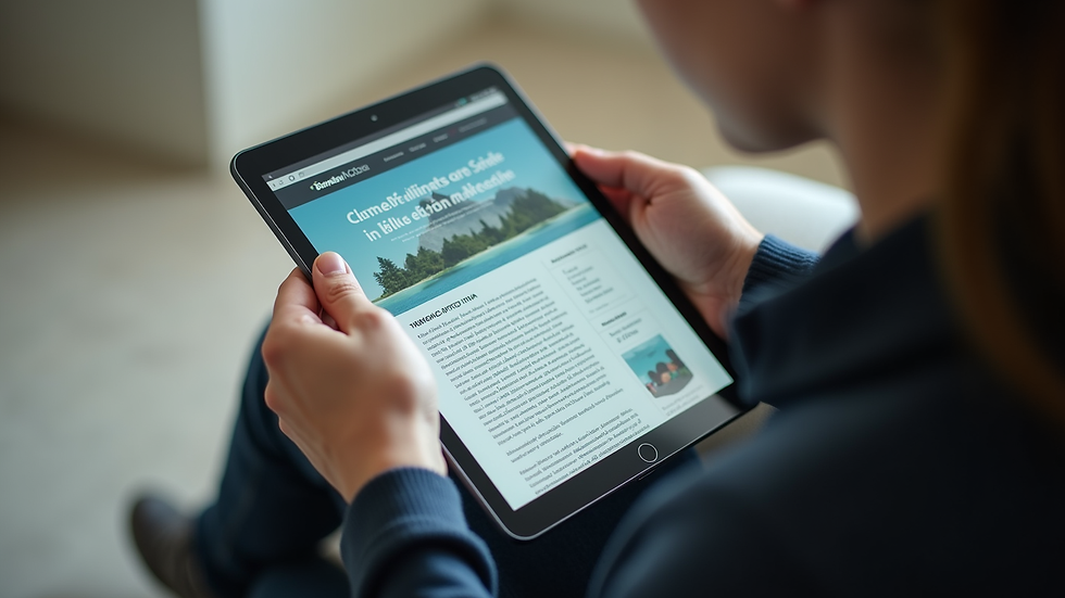 Close-up view of a person reading a climate action blog on a tablet