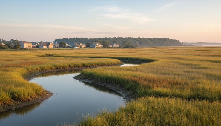 Wide-angle view of restored marsh grasses along a coastal neighborhood