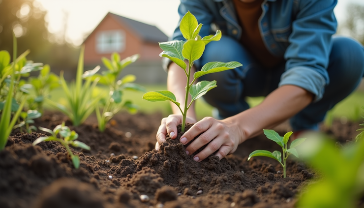 Eye-level view of a person planting a young tree in a community garden