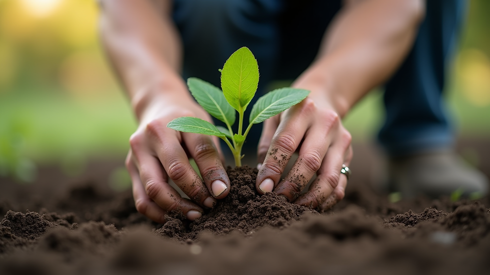 Close-up view of hands planting a young tree seedling