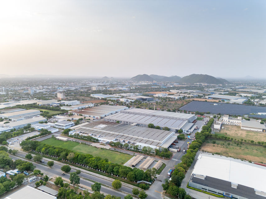 Aerial view of a large industrial complex with many buildings and factories.