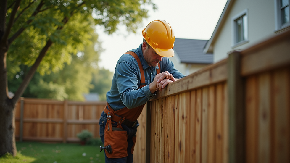 Eye-level view of a handyman fixing a wooden fence in a residential backyard