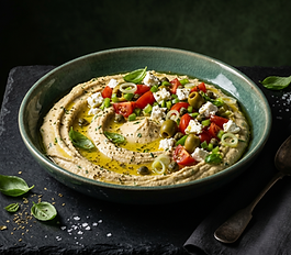 Hummus cremoso con pomodorini datterini, feta greca, friggitelli e mandorle. Una ricetta mediterranea pronta in pochi minuti, ricca di sapore.