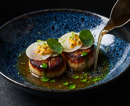 Capasanta Scottata Unilateralmente con Consommé al Dashi, Lemongrass e Olio all'Erba Cipol