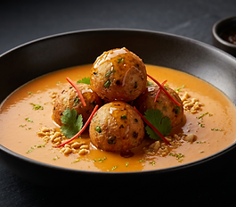 Vellutata di zucca al curry rosso, latte di cocco e lemongrass, completata con polpettine di pesce thai fritte e salsa nam jim. Antipasto composto in stile siamese.