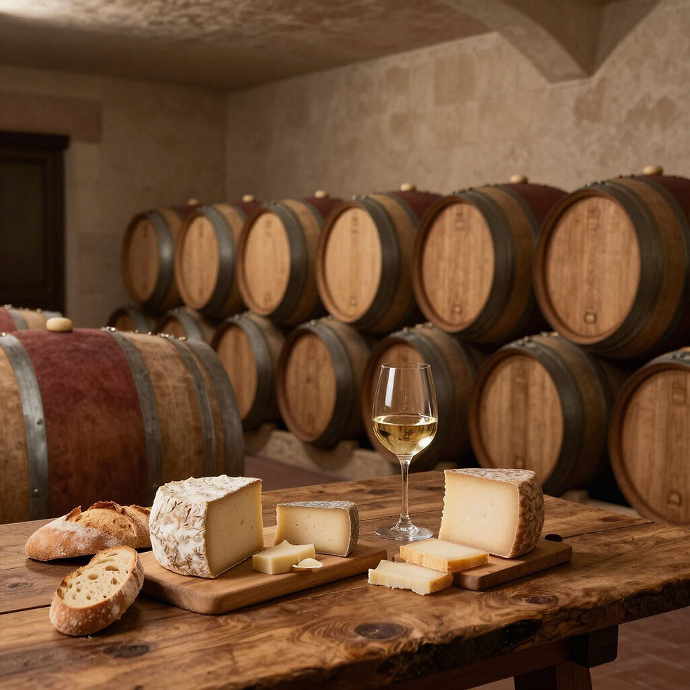 calice di vino e tagliere di formaggi su tavolo di legno, botti di vino sullo sfondo