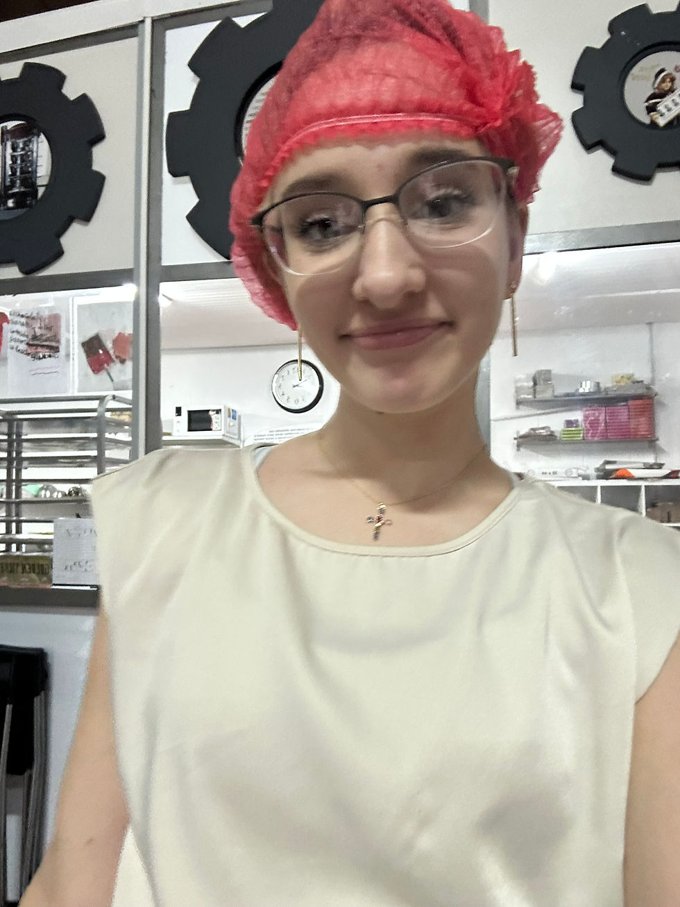 Me with a red hairnet because I do not like hair in my chocolate