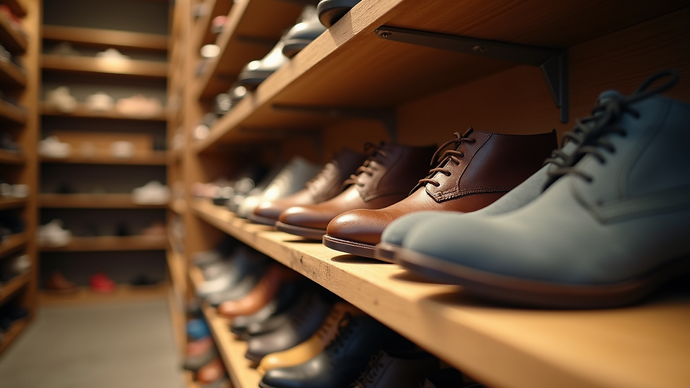 Close-up view of a variety of shoes displayed on a wooden shelf