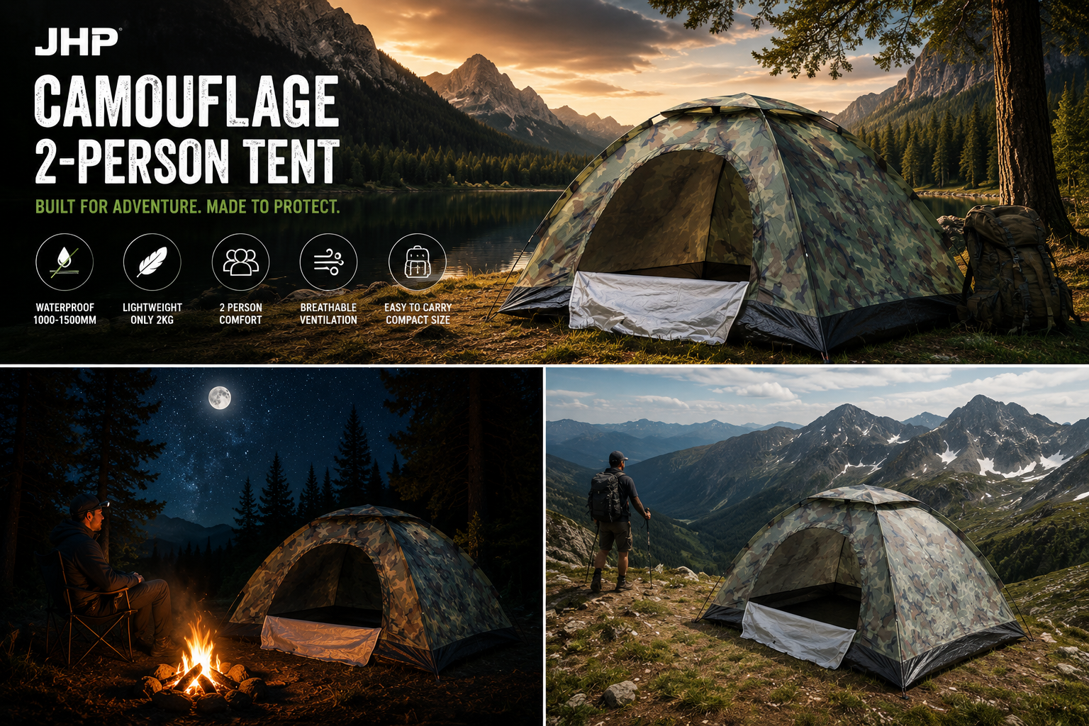 JHP Tactical Camouflage Camping Tent – Waterproof 2 Person Outdoor Shelter