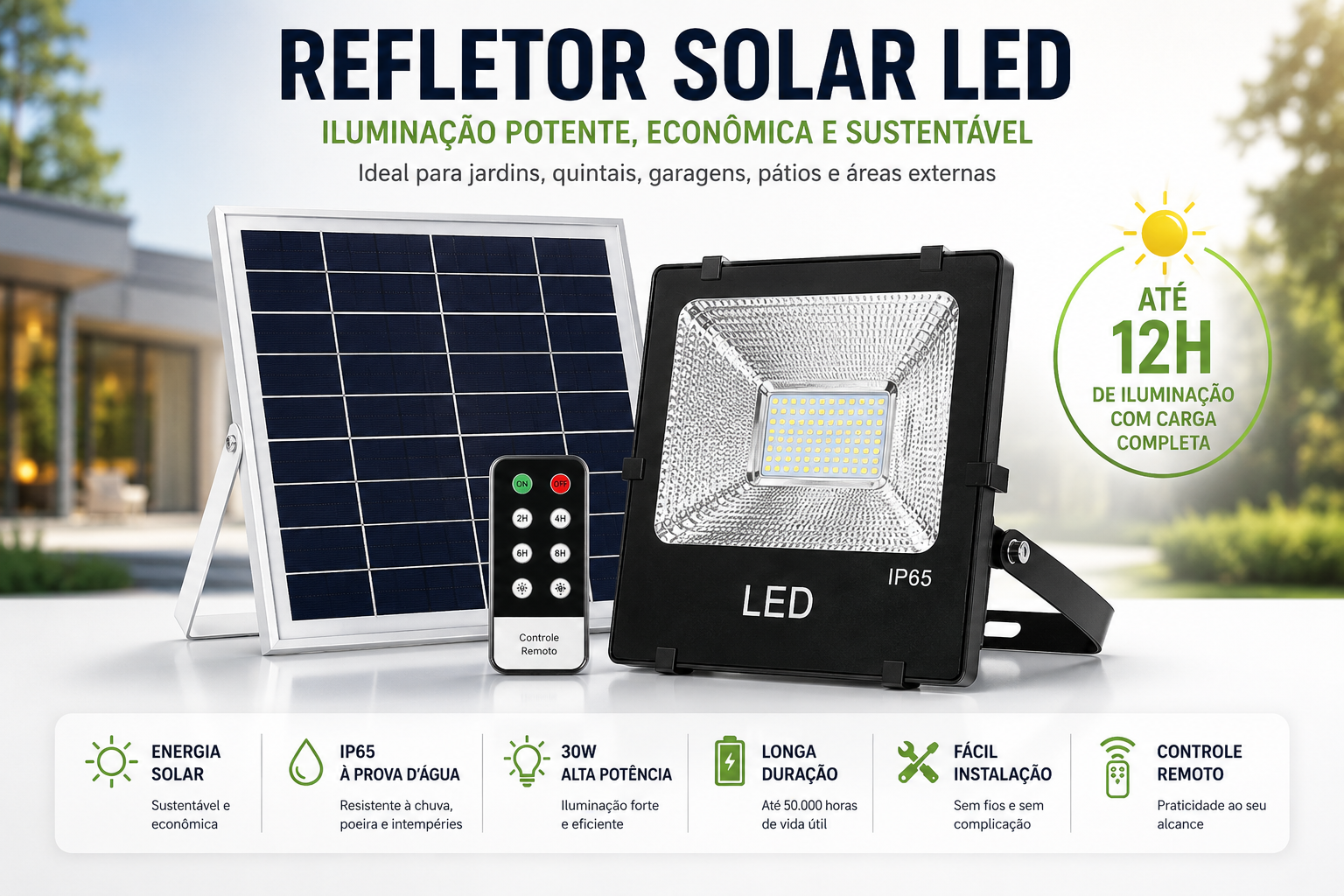 Solar Powered LED Flood Light for Outdoor Security & Garden Use