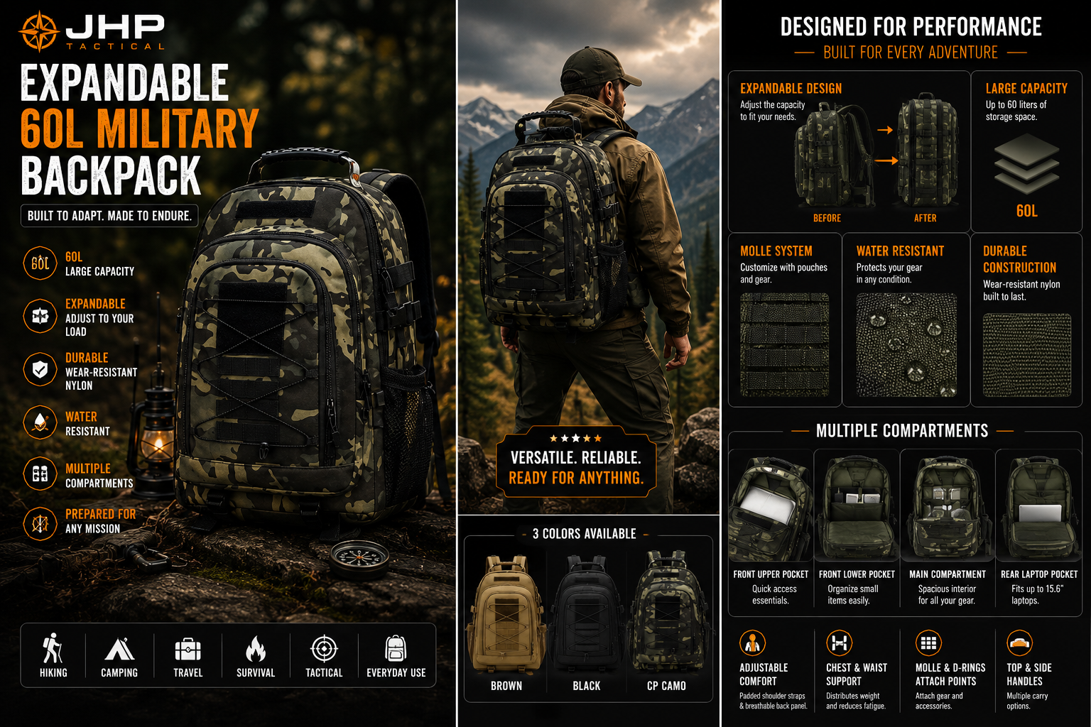 Expandable 60L Military Tactical Backpack for Outdoor & Travel