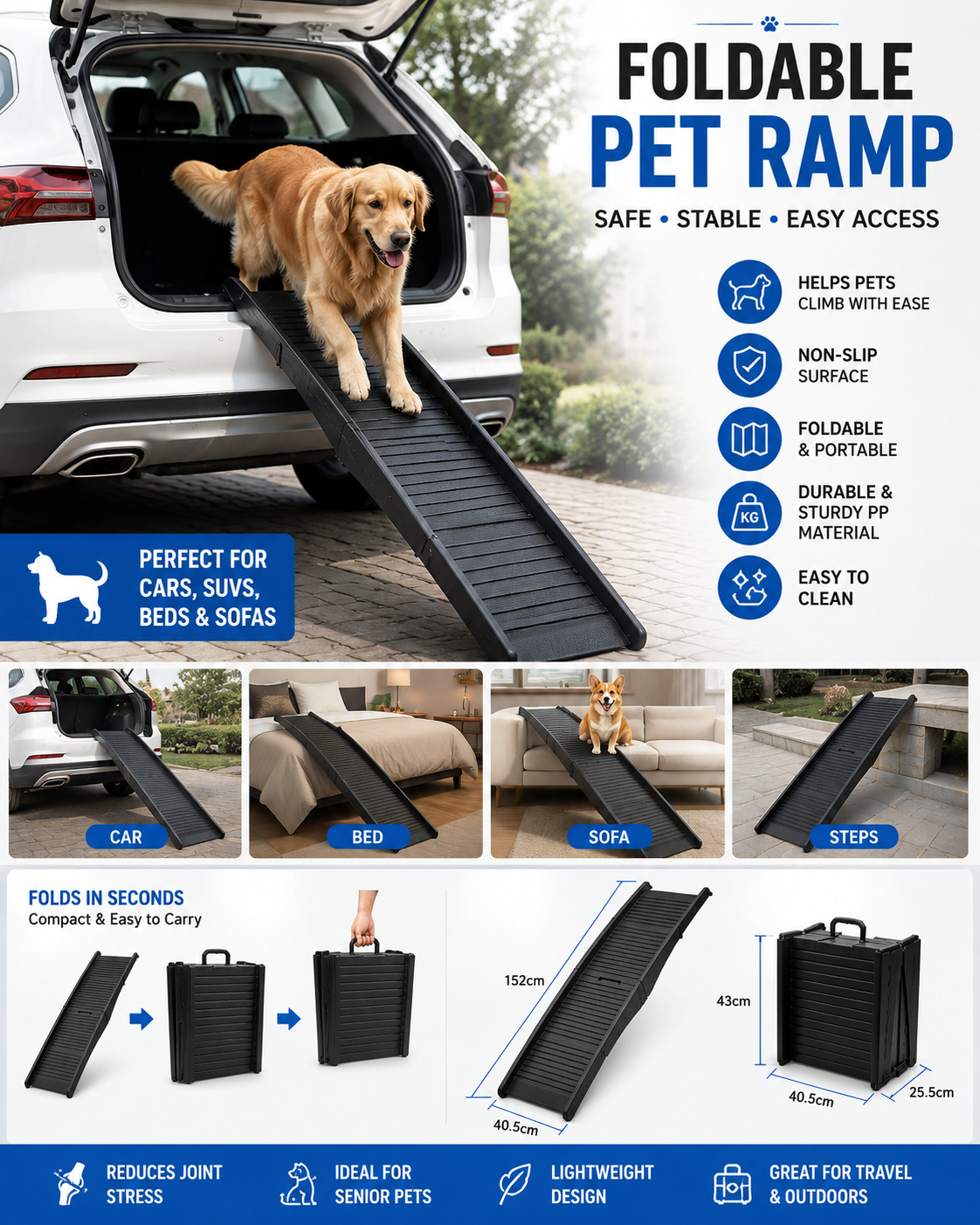 Portable Folding Dog Ramp for SUV, Car & Bed Access