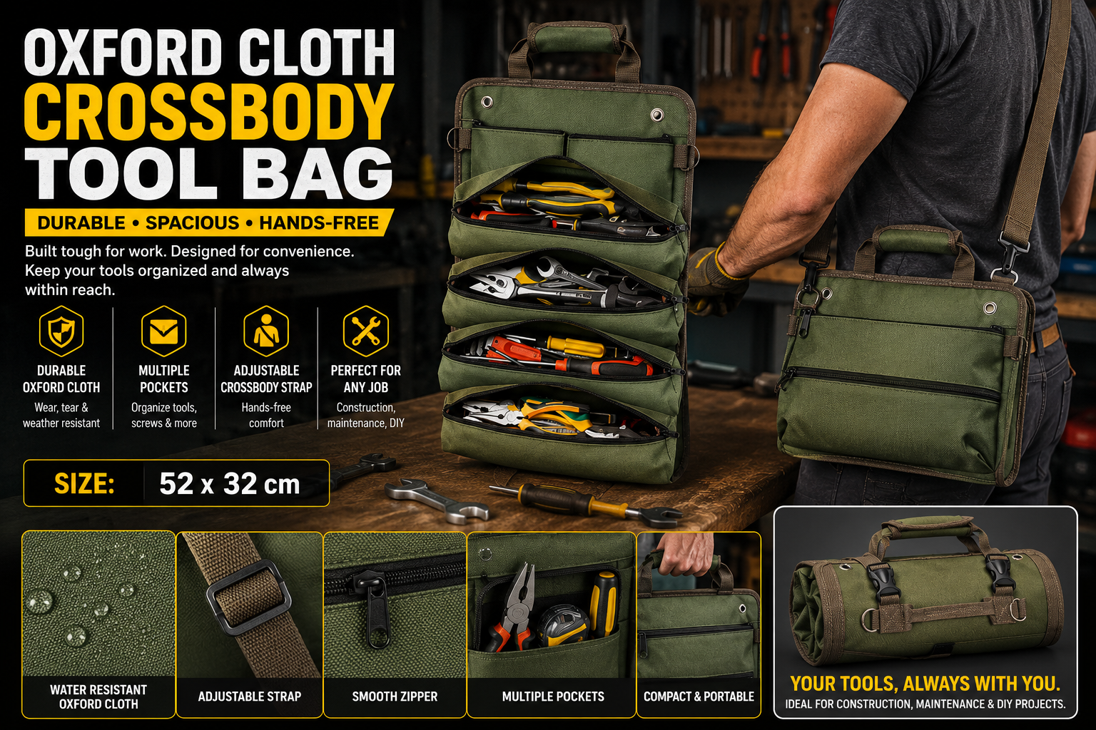 Portable Oxford Tool Roll Bag – Multi Pocket Storage Organizer for Electricians,