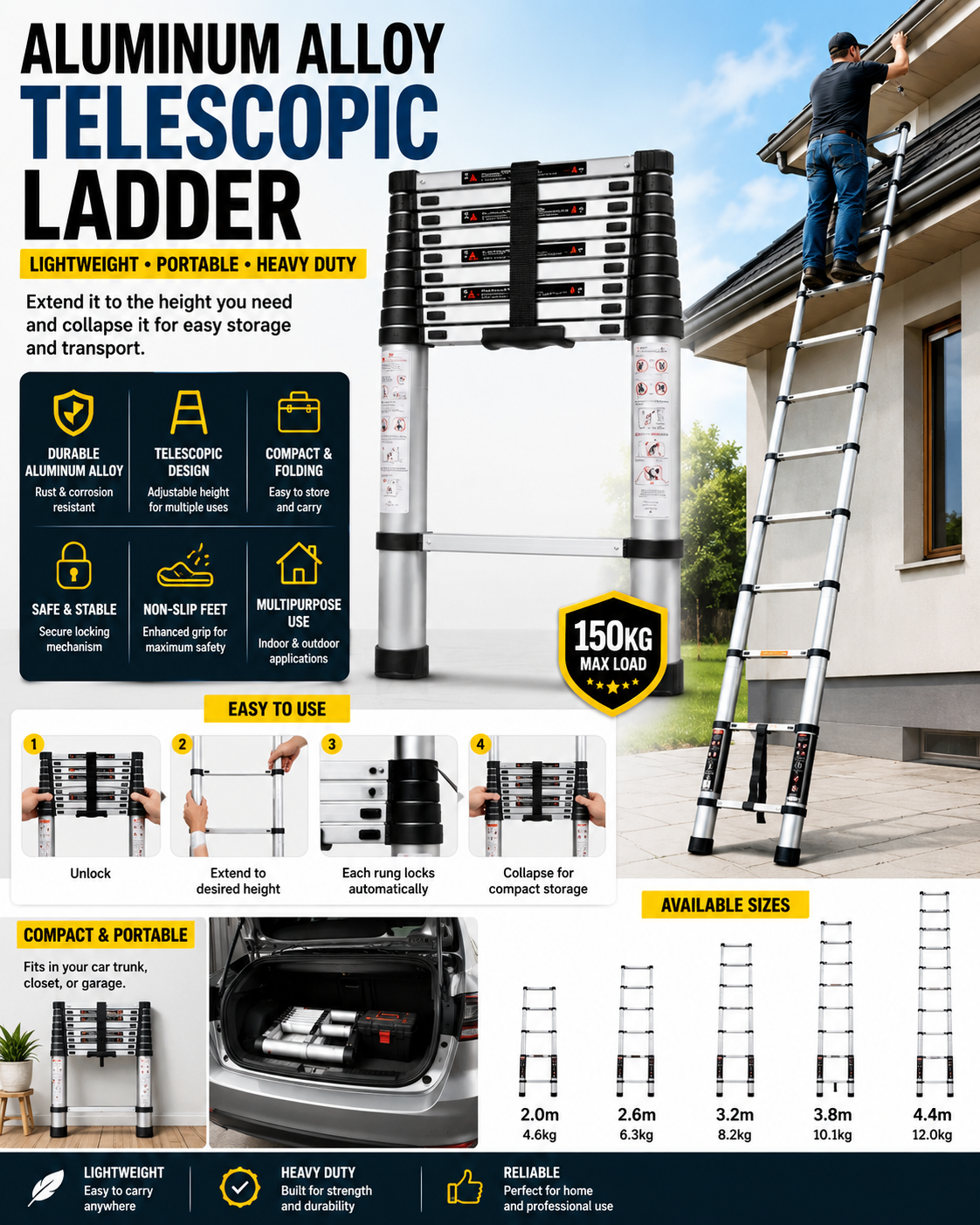 Heavy Duty Telescopic Extension Ladder – Compact Folding Aluminum Ladder for DIY