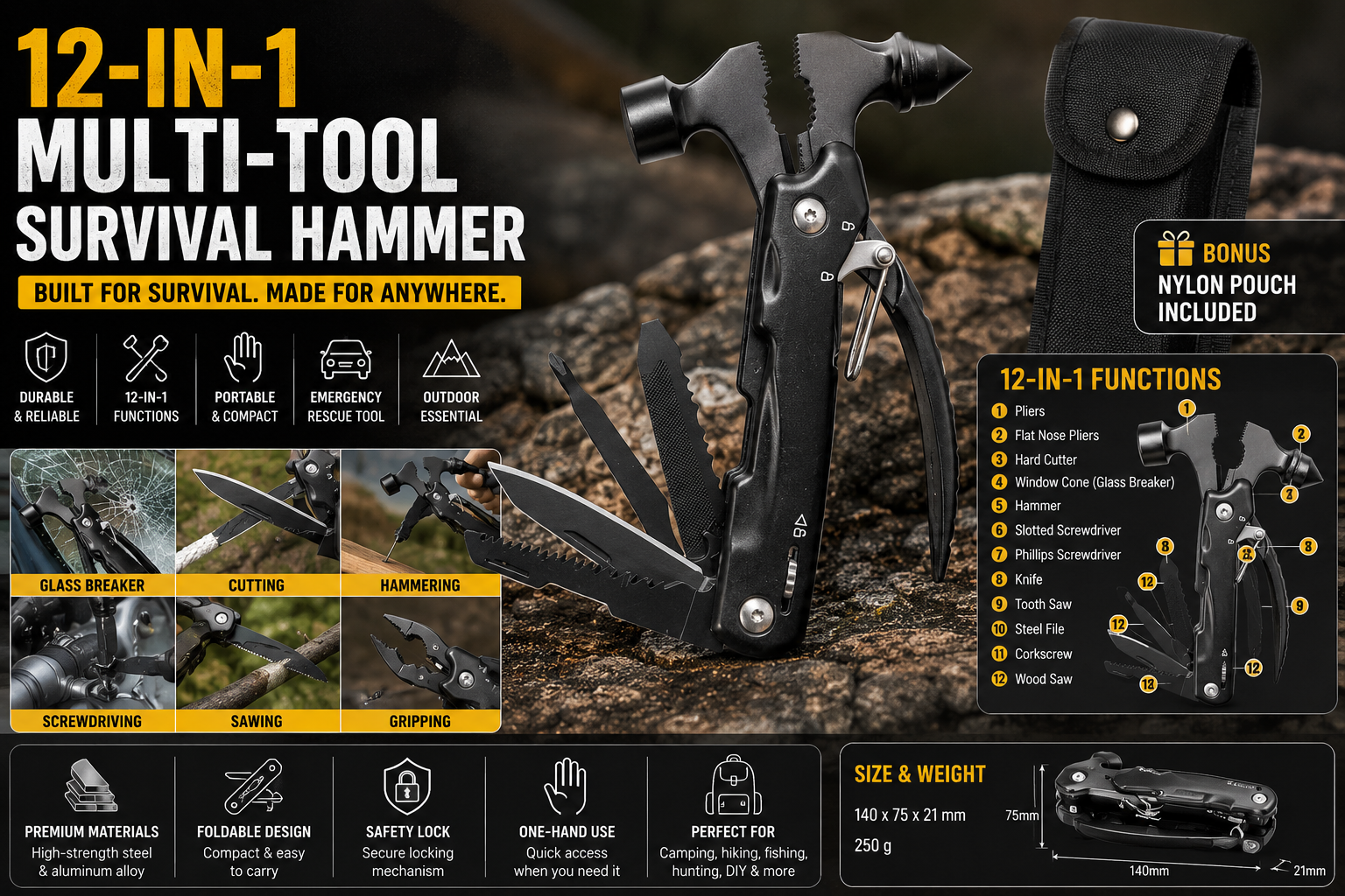 Ultimate Tactical Multi-Tool Hammer – 12-in-1 Survival Hatchet for Camping, Emer