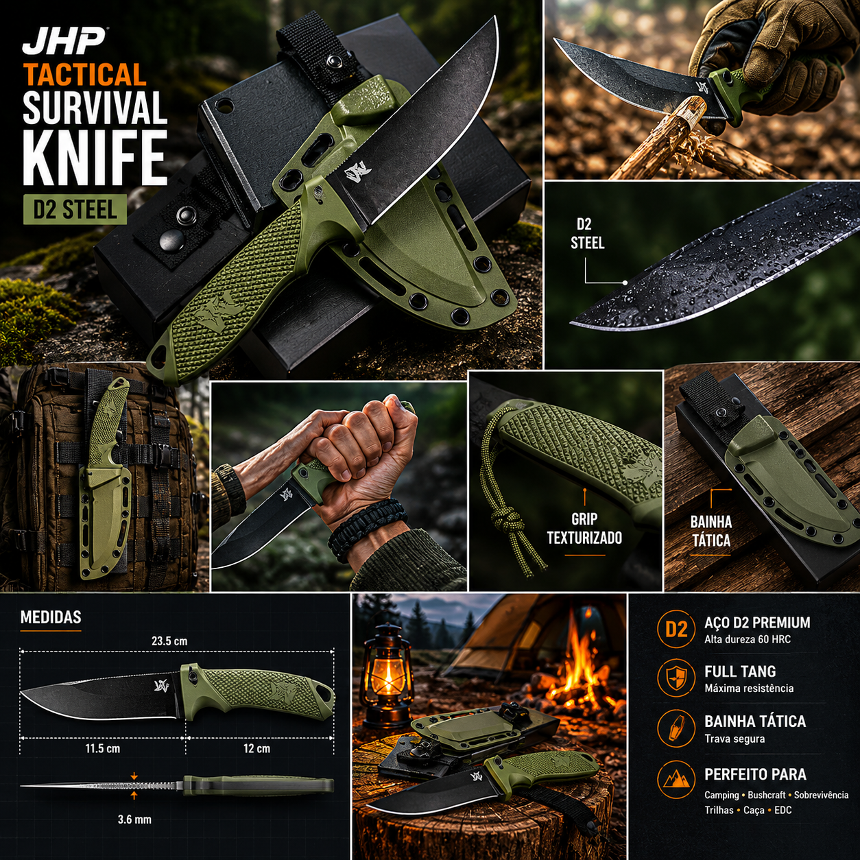 JHP Tactical Survival Knife – D2 Steel Full Tang