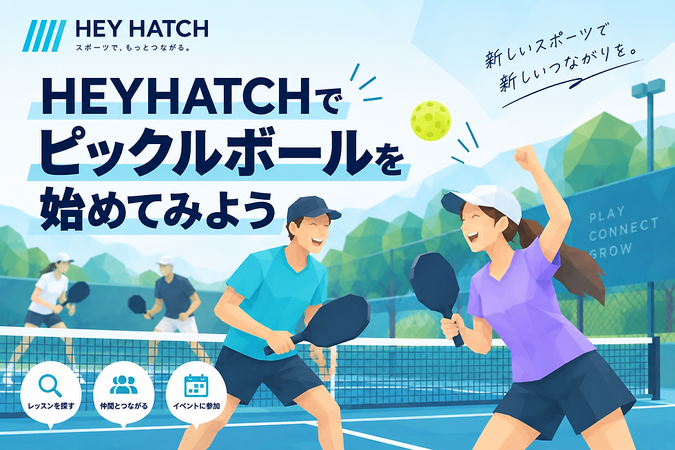 ピックルボールのコートで男女が笑顔でラリーし、球が空中に。HEY HATCH、PLAY CONNECT GROW、レッスンを探す等の文字。