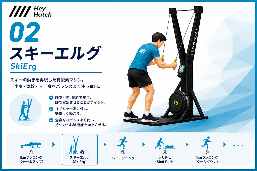 HIROXのスキーエルグ(SkiErg)の動きをローポリゴンイラストで紹介した画像。Concept2 SkiErgを使用したワークアウト。