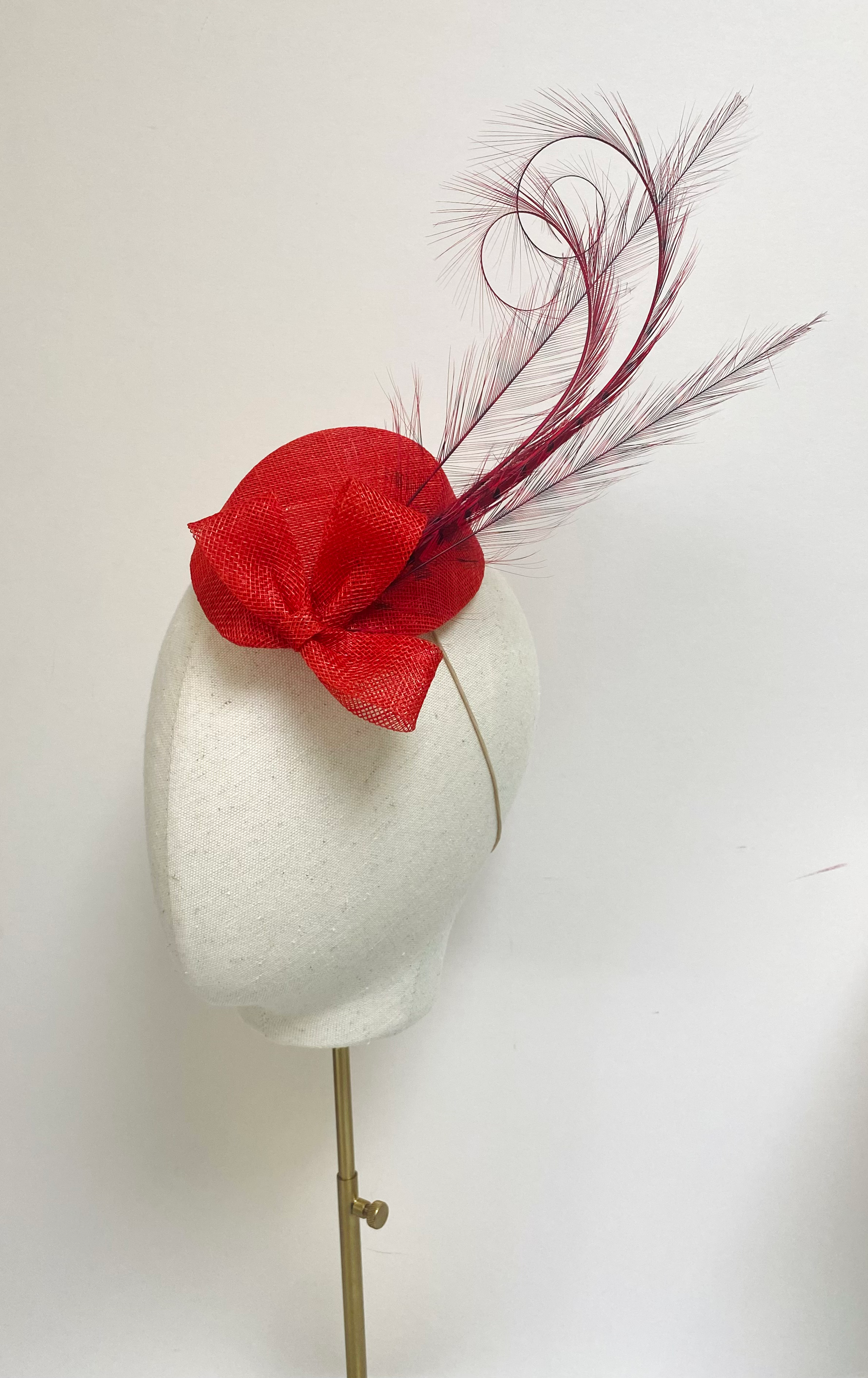 Red Sinamay Feather Cocktail Hat