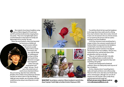 Newspaper article with various people and mannequin displaying hats