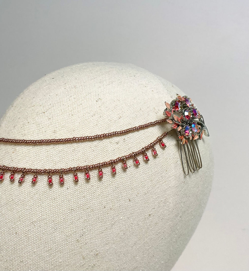 Thumbnail: A pink bead headband with a pink vintage brooch detail is displayed on a mannequin head.