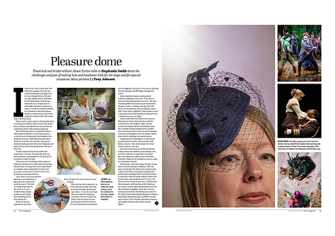 Newspaper article with various people and mannequin displaying hats