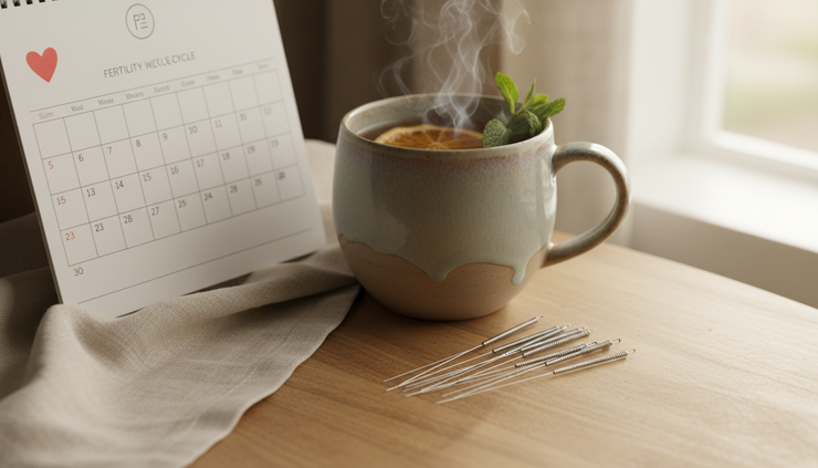 Close-up view of acupuncture needles arranged beside a menstrual cycle calendar and a cup of herbal tea