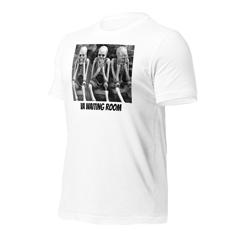 Thumbnail: VA waiting room t-shirt. Image of skeletons with head in hands on knees