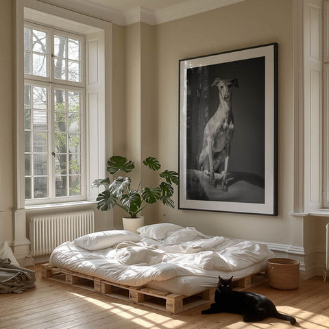Oversized framed wall art of an Italian Greyhound dog in black and white, displayed above a low platform bed in a sunlit room
