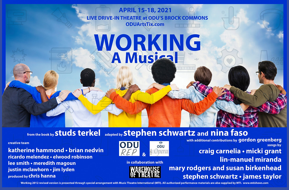 The poster for Working the Musical, with people all standing with their arms around each other's shoulders staring away from the camera.
