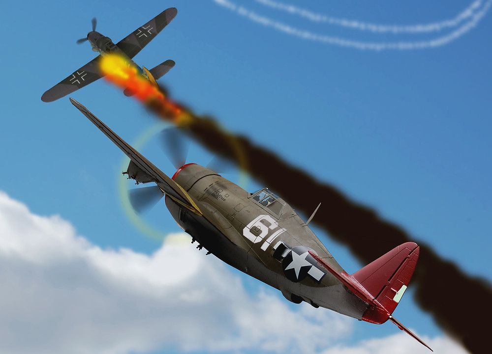 A propeller plane chases after another propeller plane in the sky. The plane they are chasing is on fire. There is no land in sight, just sky and clouds.