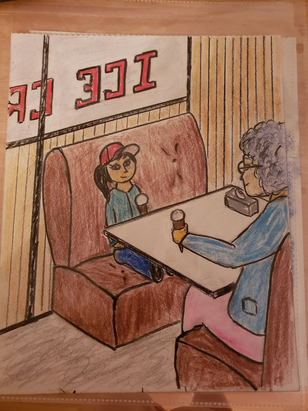 a drawing of a grandmother and granddaughter having ice cream in a restaurant booth.