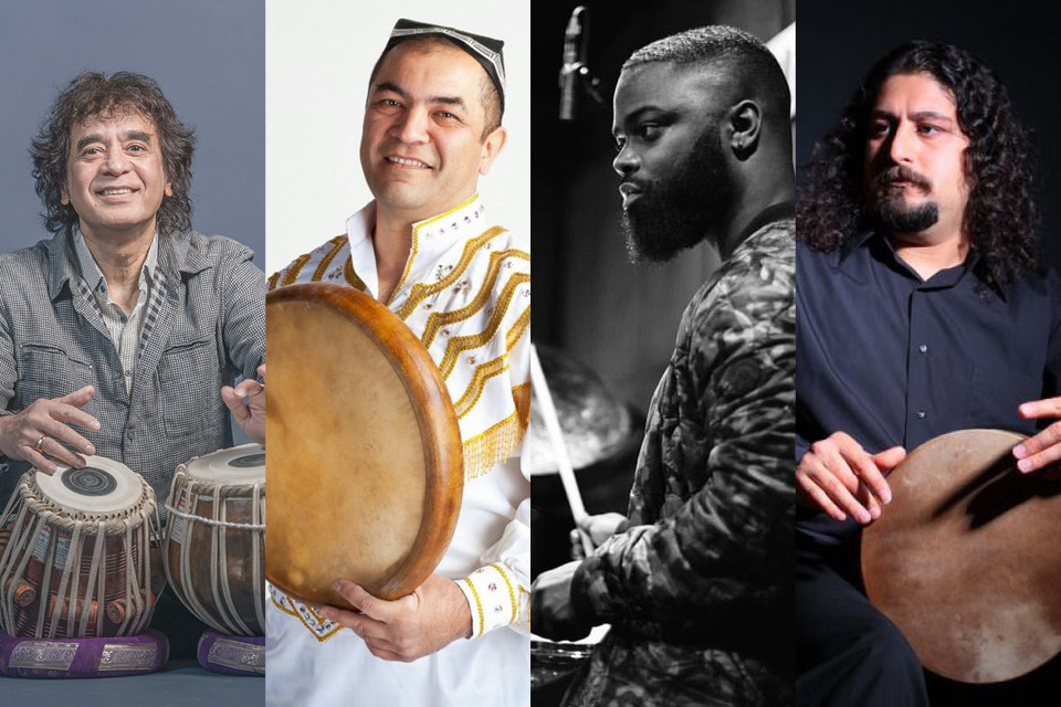 Zakir Hussain and three other percussionists headshots, unlabeled, so we don't know which is which. They all hold a drum of some kind, except for the third man, who is sitting at a trap set. His is the only photo in black and white.