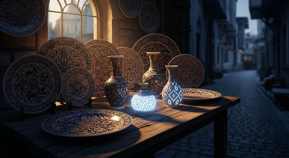 A collection of ornate, handcrafted Turkish ceramic plates and vases rests on a wooden table in a dimly lit, historic shop. Moonlight from an arched window illuminates the scene, while two central ceramic vases emit a soft, magical blue glow.