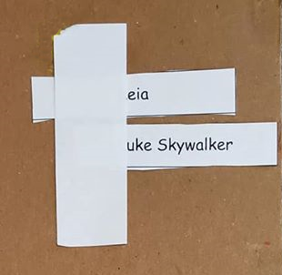 A picture of two word cards, one that says Leia and one that says Luke. The first letters of each word are covered up by a piece of paper.