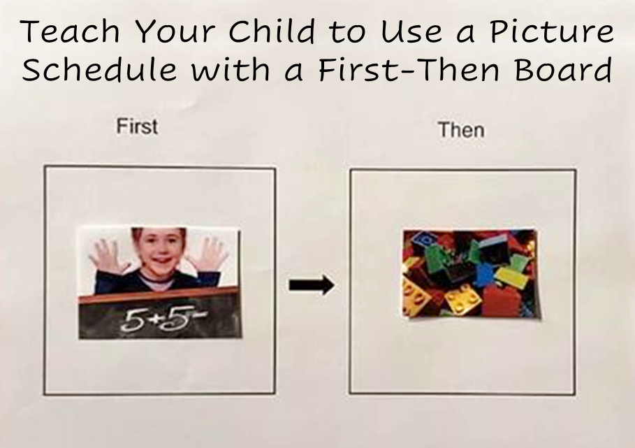 A photo of a first then chart: two boxes, one labeled "first" and one labeled "then." The first box has a picture of a math problem written on a chalk board and the second box has a picture of toy blocks.