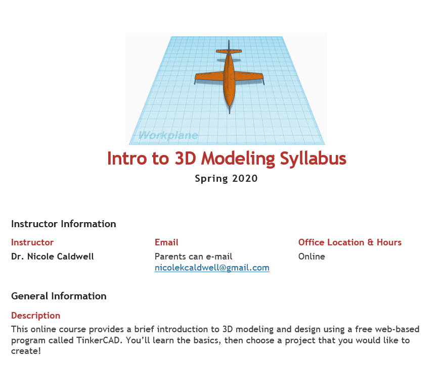 A screenshot of the first section of the course syllabus. It includes the instructor name, a brief description of the course and an image of a 3D modeled airplane.