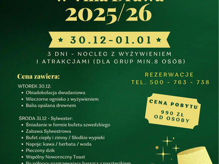 Sylwester 2025/26 w Villa Drawa - 3 dni niezapomnianej zabawy!