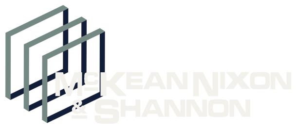 Logo of the words McKean Nixon and Shannon beside three stacked geometric squares