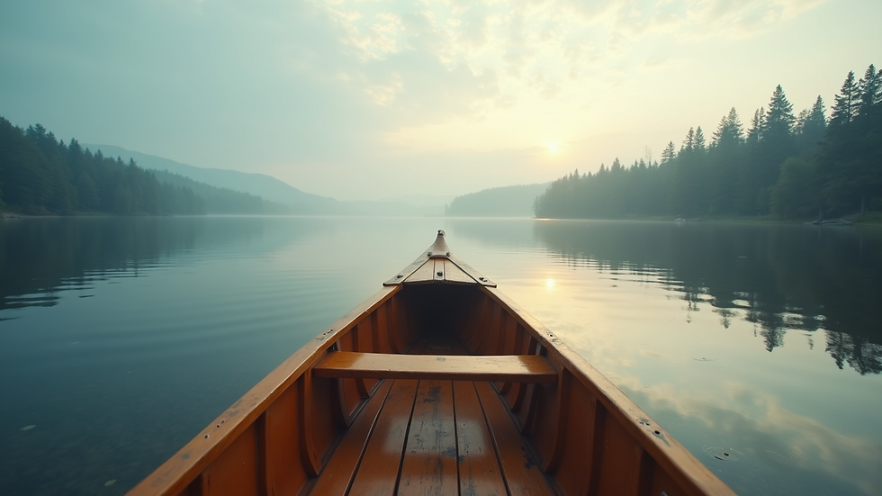 Eye-level view of a small wooden canoe on a calm lake