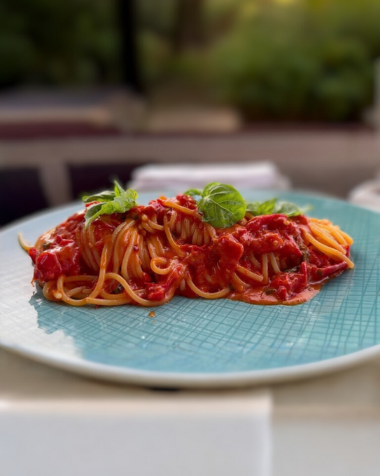 Spaghetti in tomato sauce, garnished with fresh basil, served at Restaurant Radmilovac