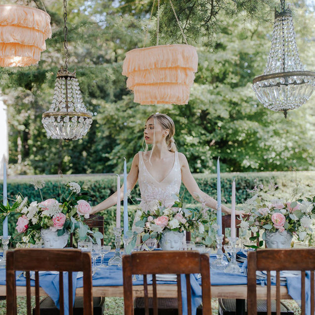 bride and reception table at her destination wedding in italy