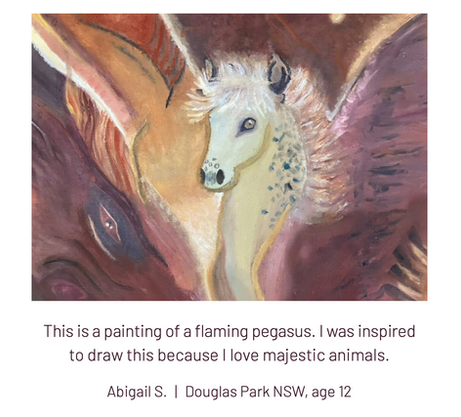Painting titled “Flaming Pegasus” by a young Australian artist who loves creating majestic and mythical animals. The artwork features a dramatic winged horse surrounded by flames, perfect for inspiring students in school art lessons, creative writing prompts in classrooms, or eye-catching library displays. A great fit for teachers, librarians, and homeschool families looking for standout kids’ artwork and imaginative themes. Featured in theINmag’s collection of creative Australian kids’ art.