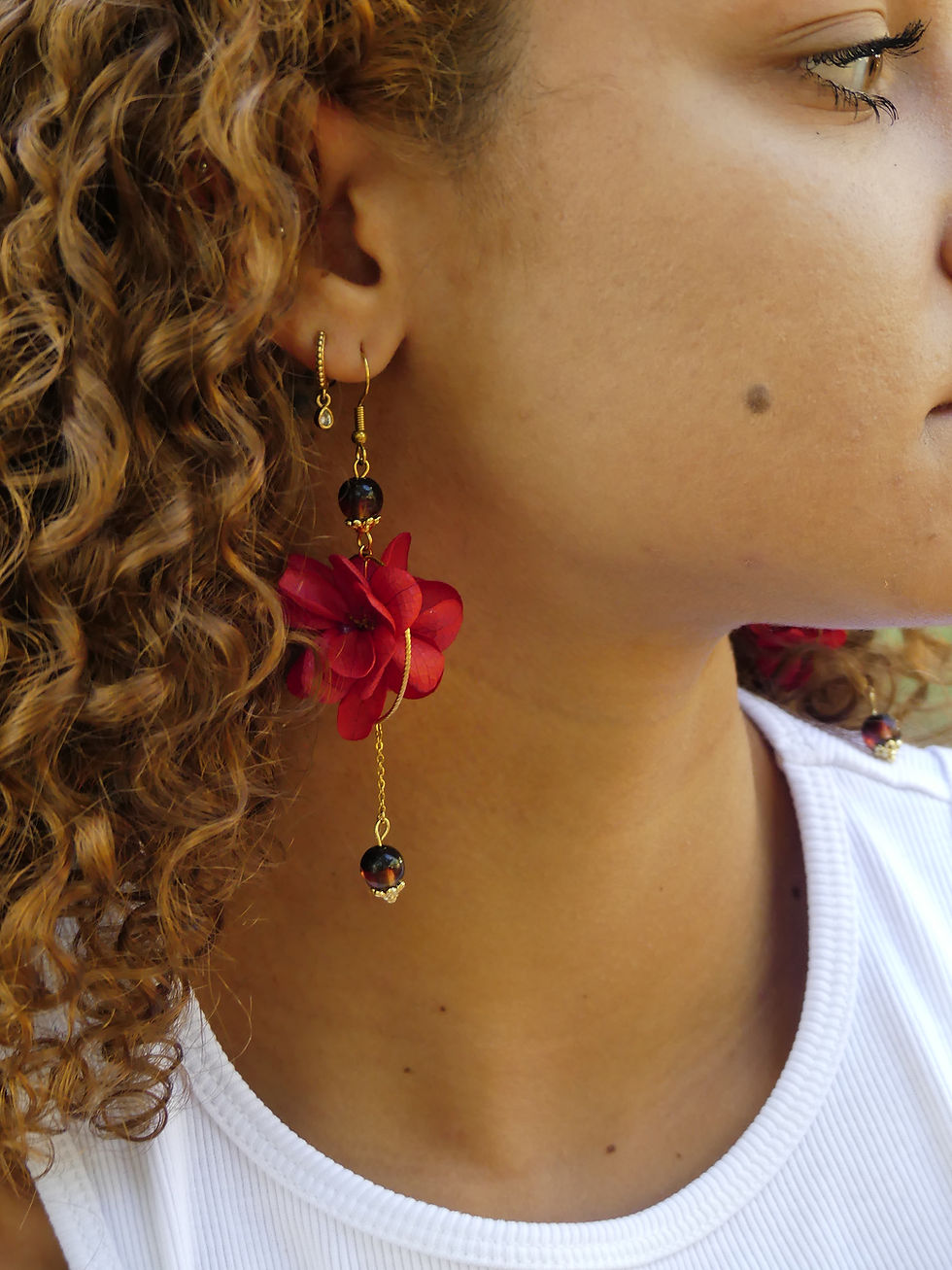 Miniature : Boucles d'oreilles en fleurs d'Hibiscus et fleurs d'Hortensia stabilisées