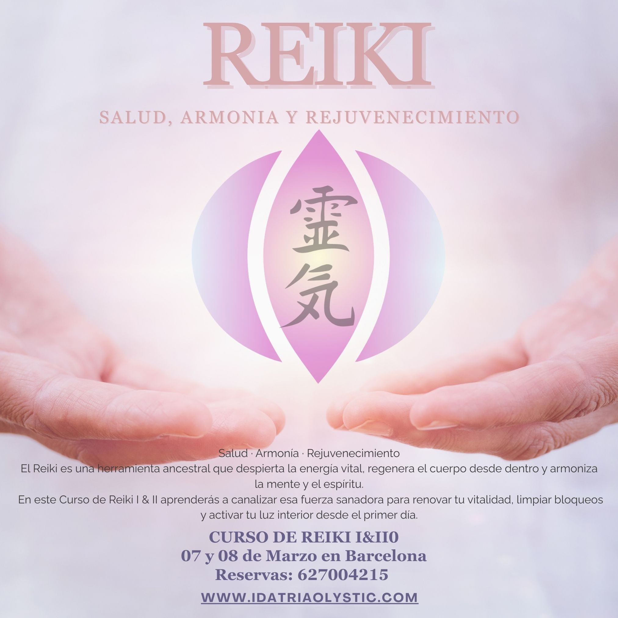 Curso Reiki Nivel 1 y 2 Usui Tradicional con símbolo energético y manos canalizando energía